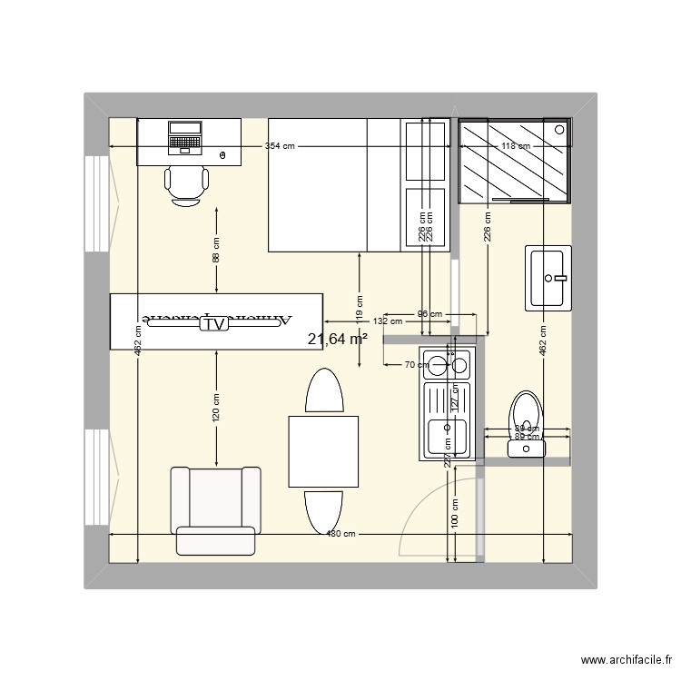 T1 1er etage. Plan de 1 pièce et 22 m2