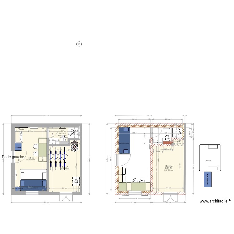 Studio + Garage. Plan de 4 pièces et 32 m2