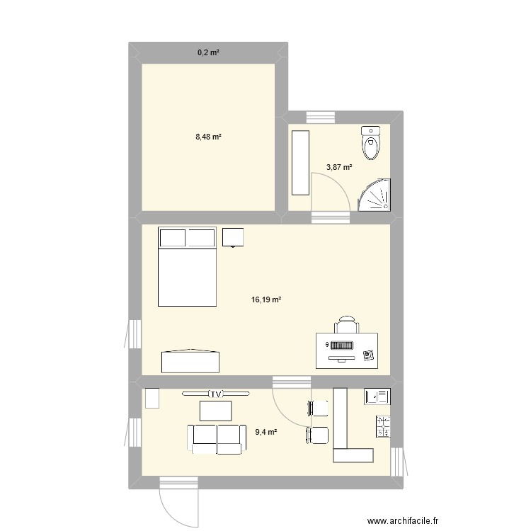 ted studio. Plan de 5 pièces et 38 m2