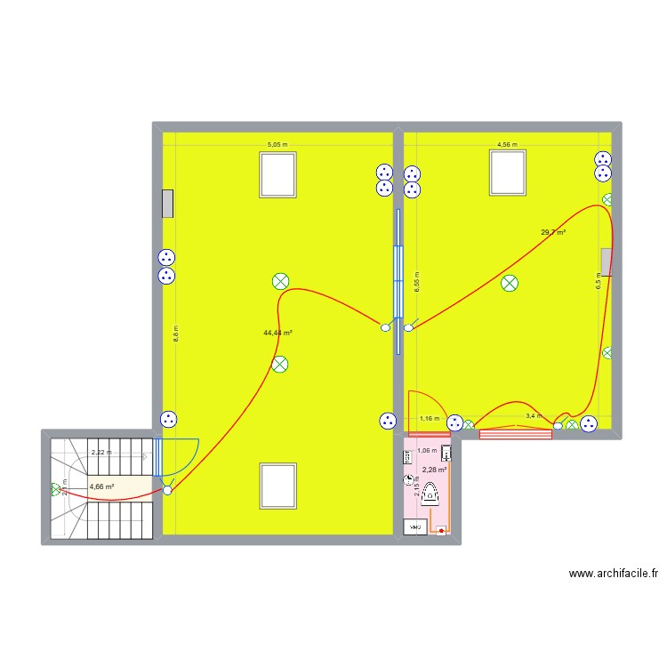 Bombart R+2 - électricité. Plan de 4 pièces et 81 m2