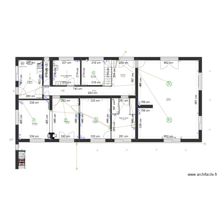 Maison Beauchamp prises et éclairage. Plan de 32 pièces et 312 m2