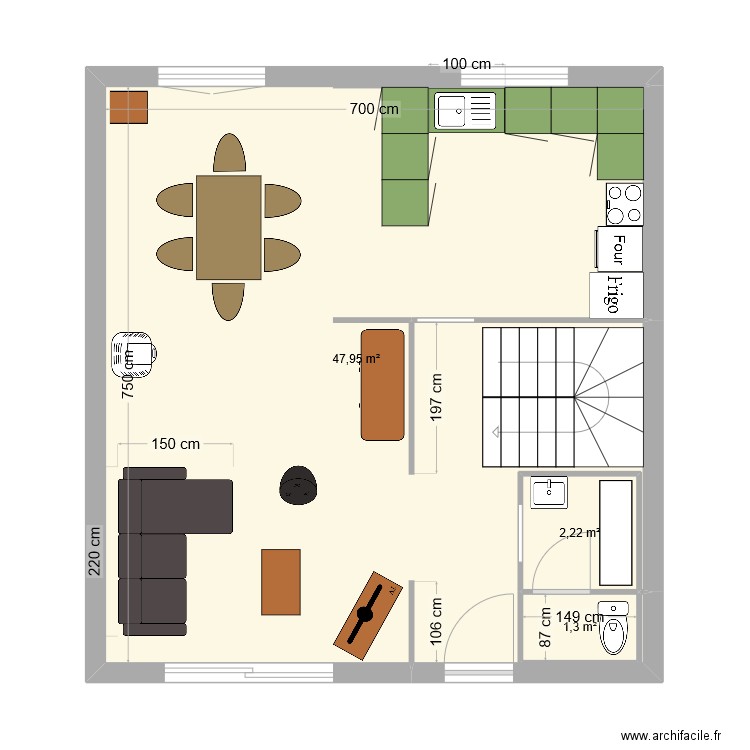 1er étage maison. Plan de 3 pièces et 51 m2