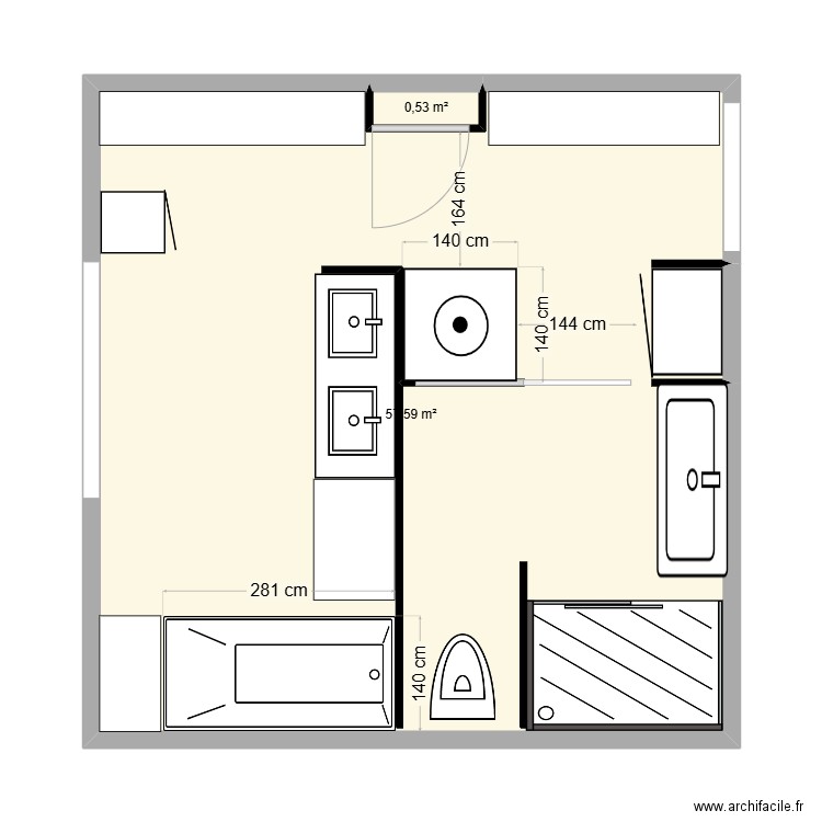 PLAN 2 SDB OIOI. Plan de 2 pièces et 58 m2