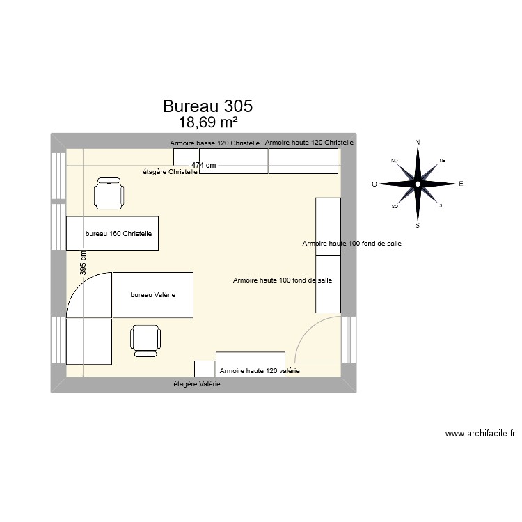 Bureau R 305. Plan de 1 pièce et 19 m2