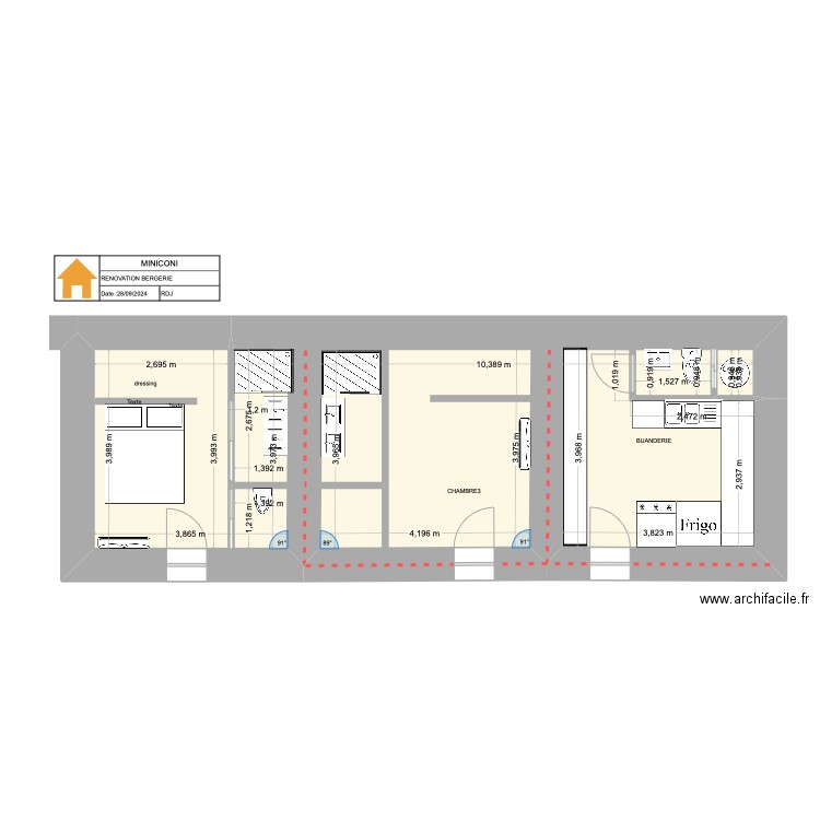 RDJ. Plan de 1 pièce et 46 m2