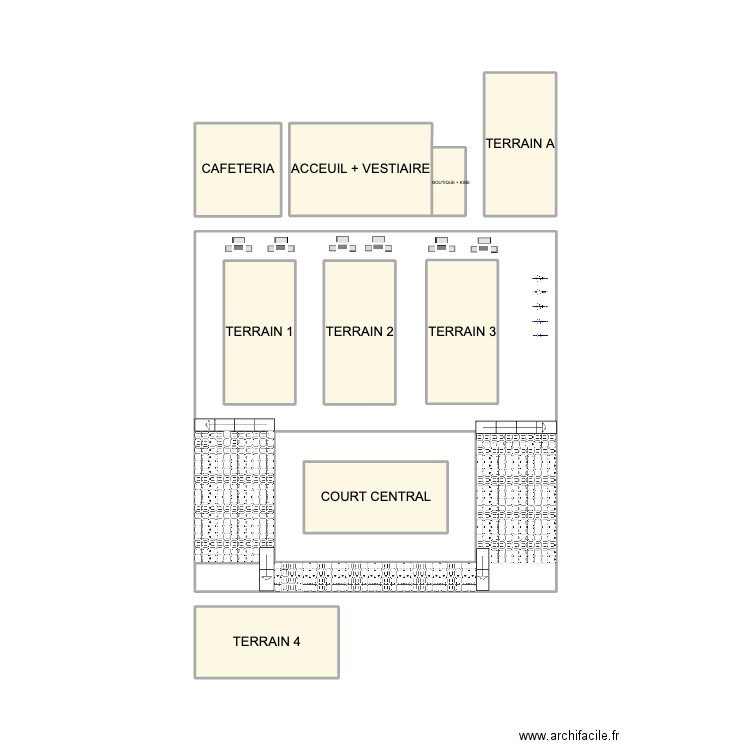 Padel. Plan de 10 pièces et 21 m2