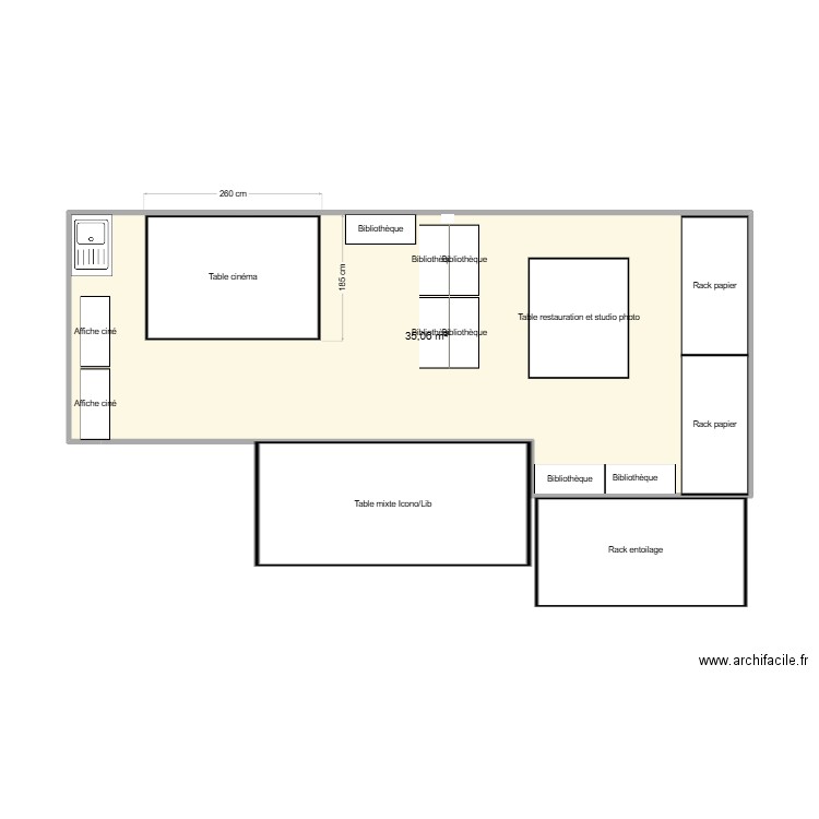 Aménagement Icono/Lib. Plan de 1 pièce et 35 m2