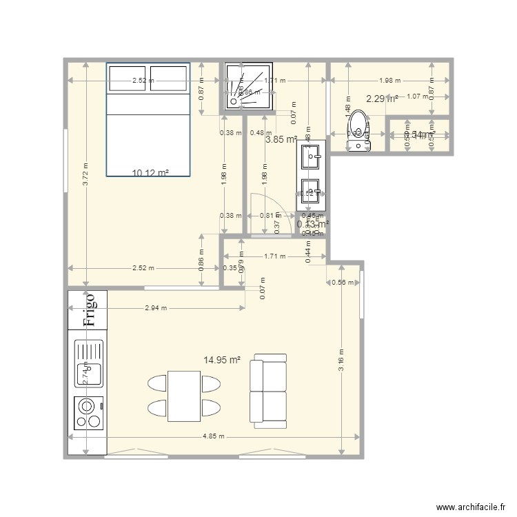 rdc studio. Plan de 6 pièces et 32 m2