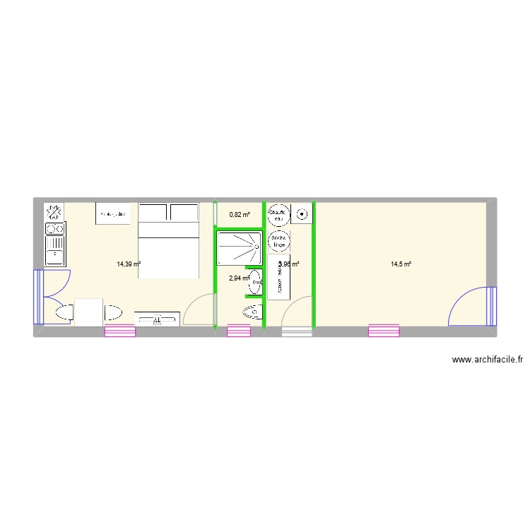 Gite en long. Plan de 5 pièces et 37 m2