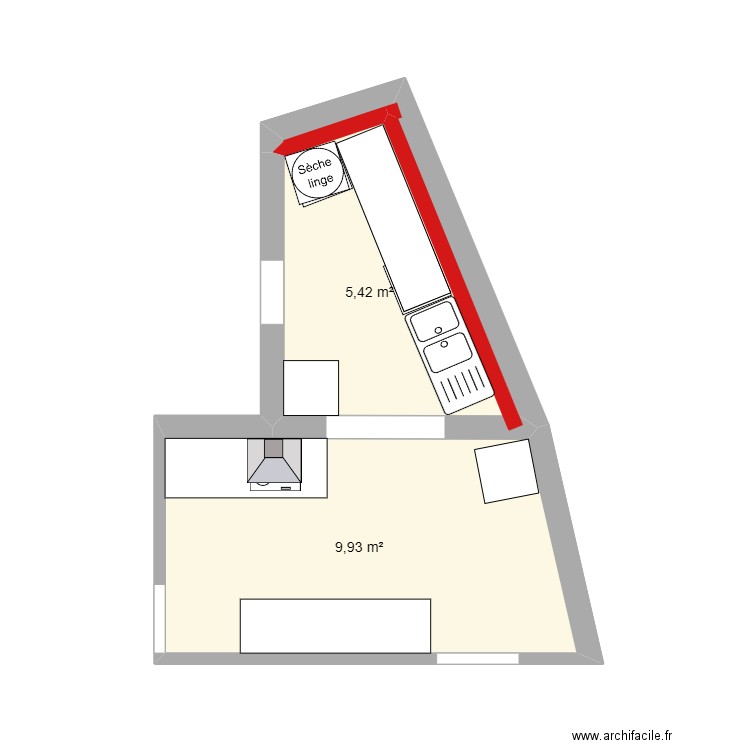 Mouton cuisine buanderie. Plan de 2 pièces et 15 m2