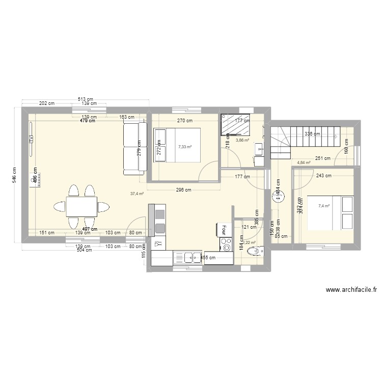 Plan maison 3. Plan de 6 pièces et 69 m2