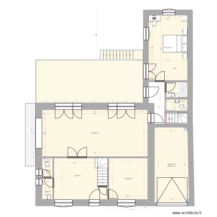 Projet_RDF_RDC_007.4 avec escalier. Plan de 11 pièces et 125 m2