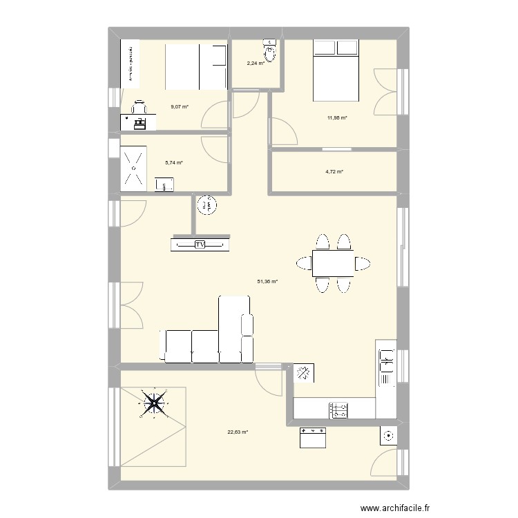 Acajou3ch86v1. Plan de 7 pièces et 108 m2