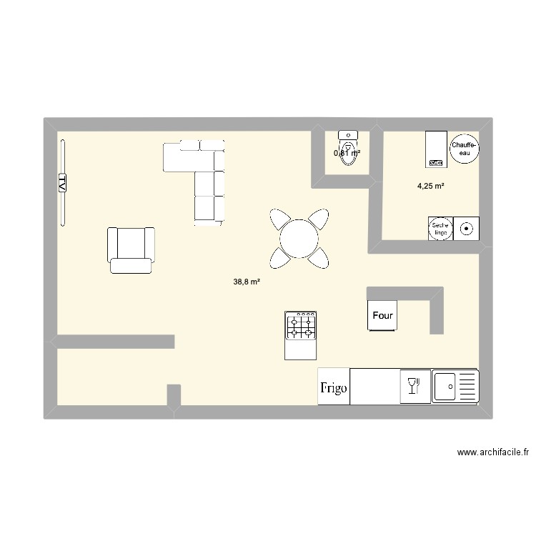 Plan RDC. Plan de 3 pièces et 44 m2