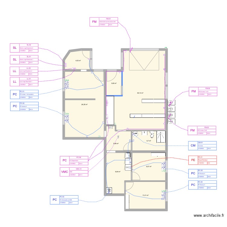 Local_Pro_Siorac_Elec_PC_FM. Plan de 9 pièces et 117 m2