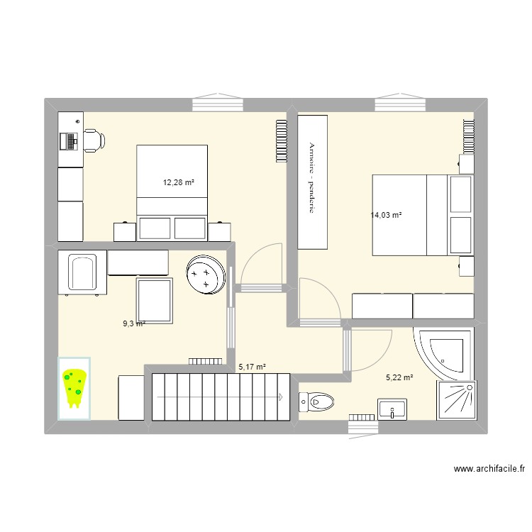 Etage. Plan de 5 pièces et 46 m2