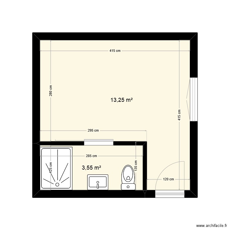 CH version entree. Plan de 2 pièces et 17 m2