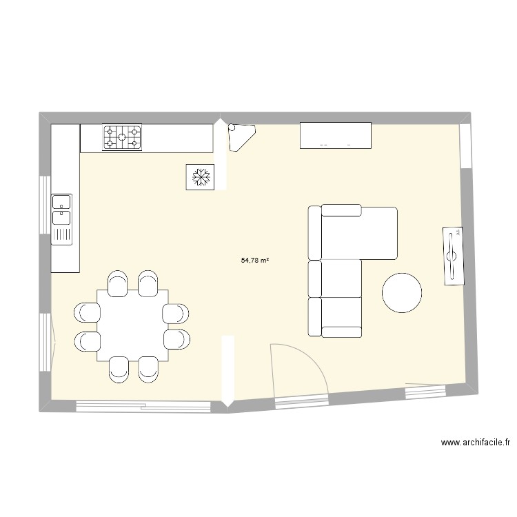 Salon Cuisine. Plan de 1 pièce et 55 m2