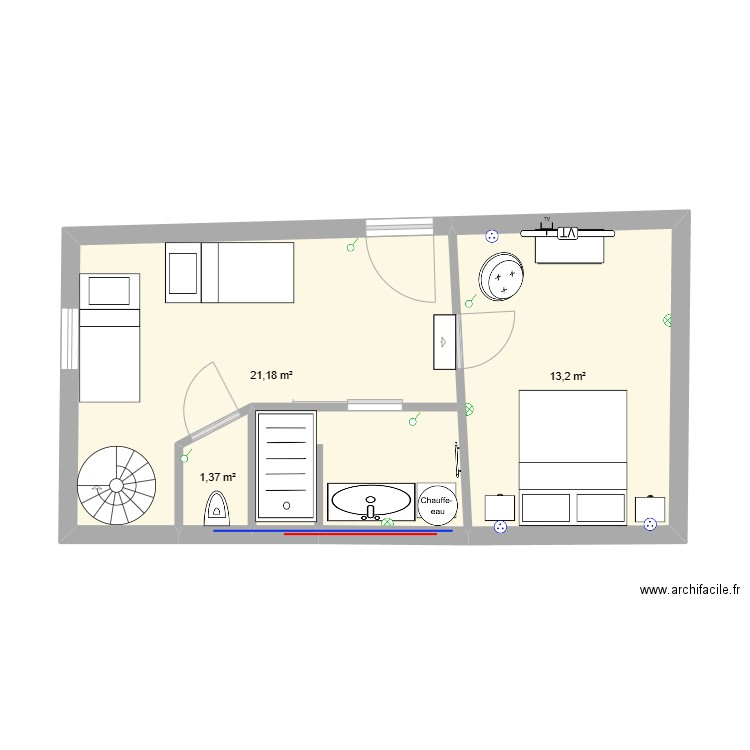 Chambre. Plan de 3 pièces et 36 m2