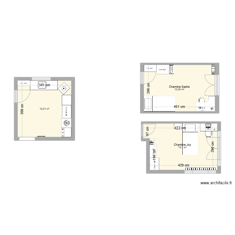 Amenagement Chambre sasha, joy et buanderie. Plan de 3 pièces et 39 m2