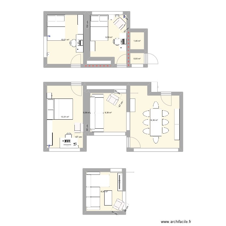 Plan 1. Plan de 9 pièces et 69 m2