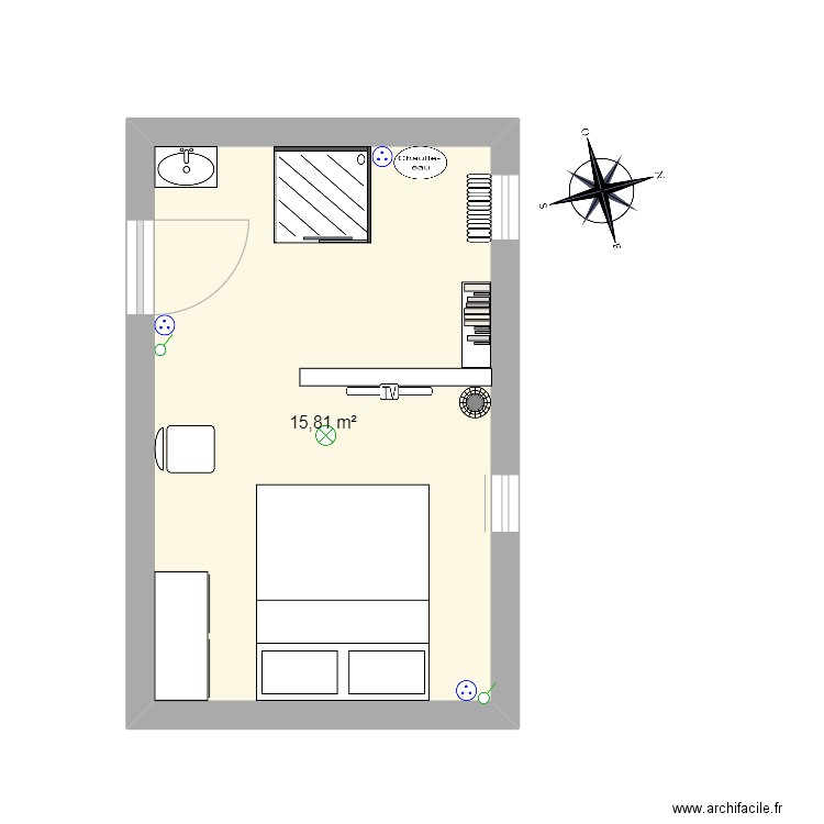 Chambre V2. Plan de 1 pièce et 16 m2