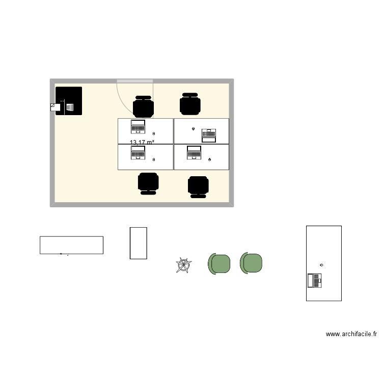 Séjour et bureau . Plan de 1 pièce et 13 m2