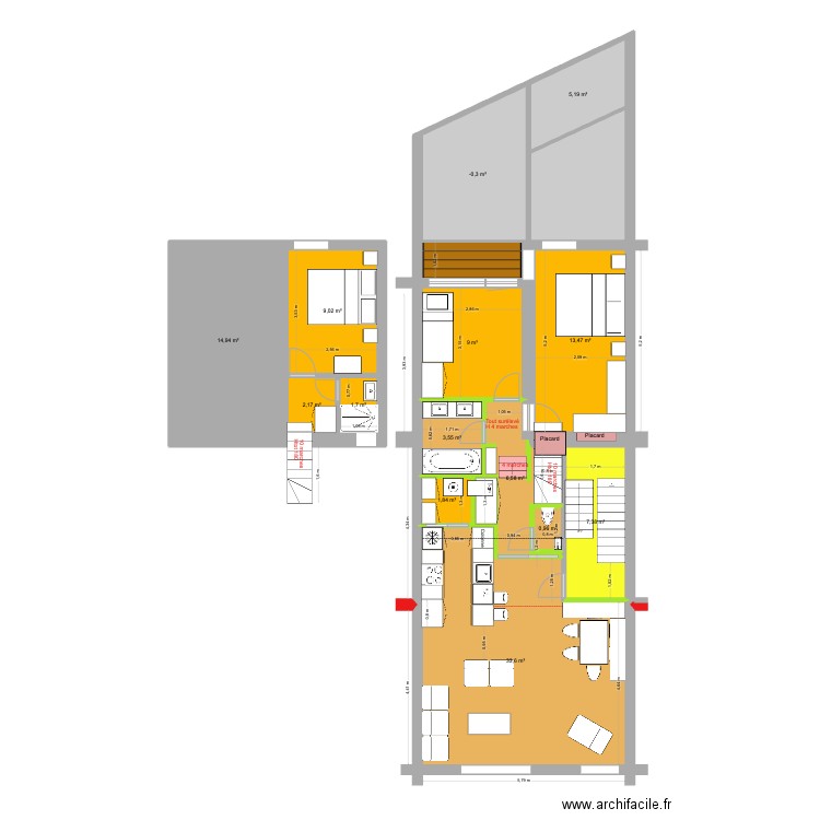 BAUCQ 77 1e étage VF. Plan de 14 pièces et 120 m2