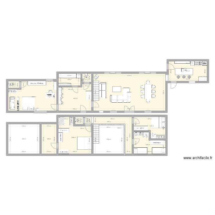 Longère. Plan de 16 pièces et 219 m2