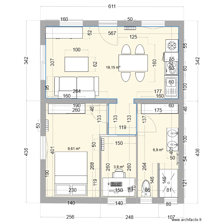 Maison GCDF. Plan de 4 pièces et 40 m2