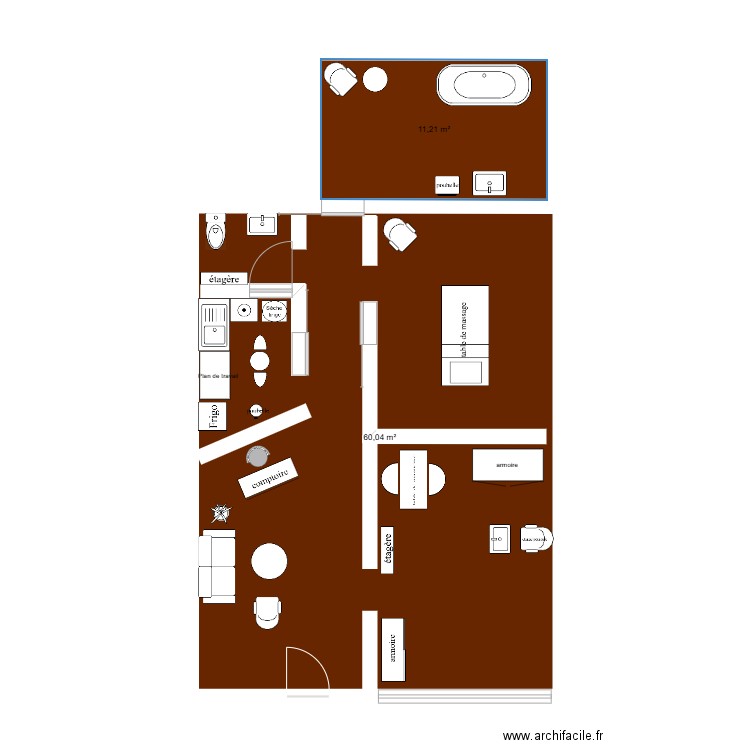 tfe. Plan de 2 pièces et 71 m2