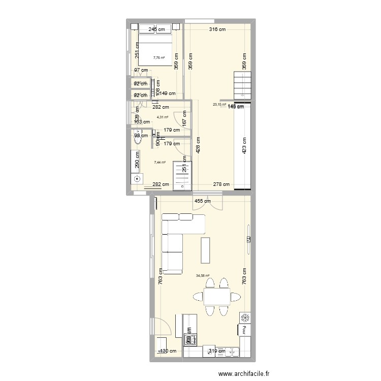 Rdc. Plan de 7 pièces et 78 m2