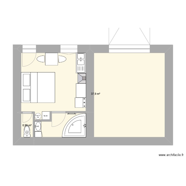 Cuisine et garage. Plan de 2 pièces et 39 m2