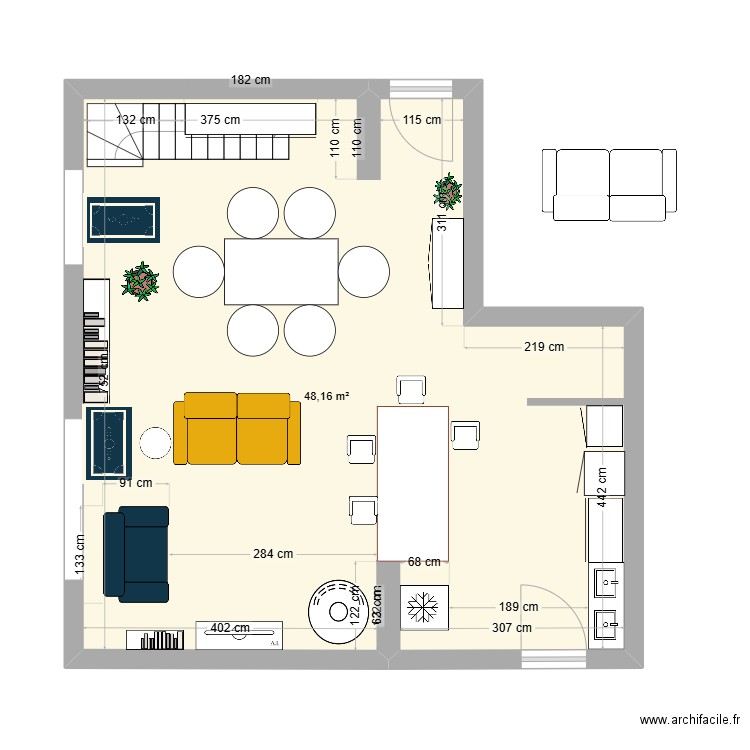 salon. Plan de 1 pièce et 48 m2