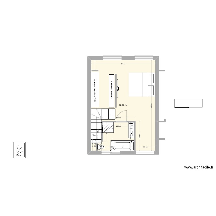 Comble plan N°4  avecgrande salle de bains. Plan de 1 pièce et 32 m2