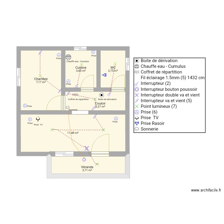 Installation électrique d'un studio Modène. Plan de 6 pièces et 32 m2