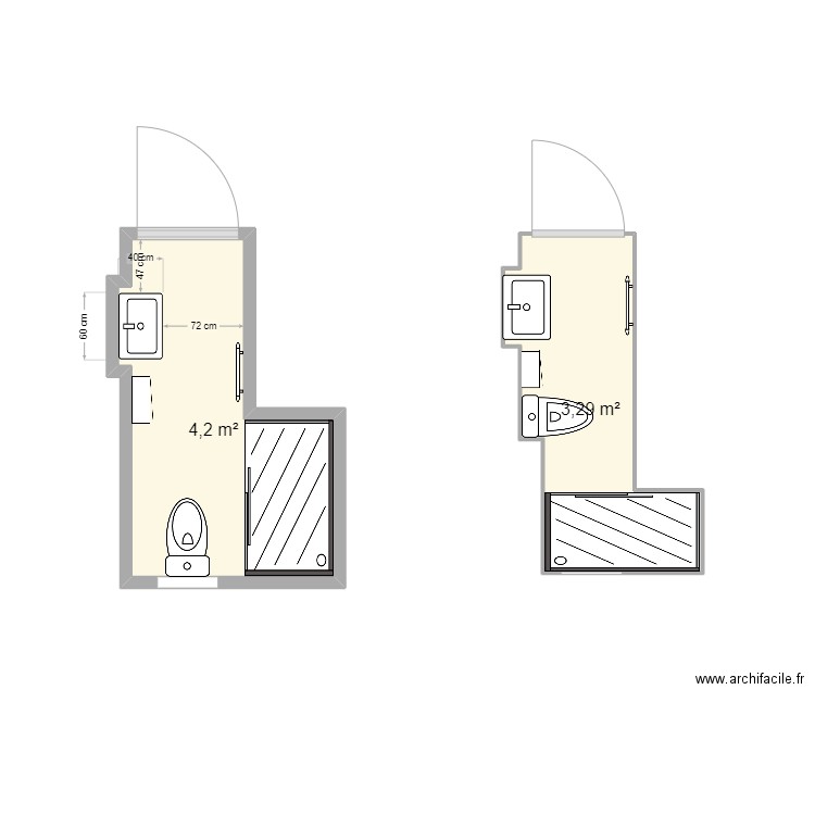 SDB bas. Plan de 2 pièces et 7 m2