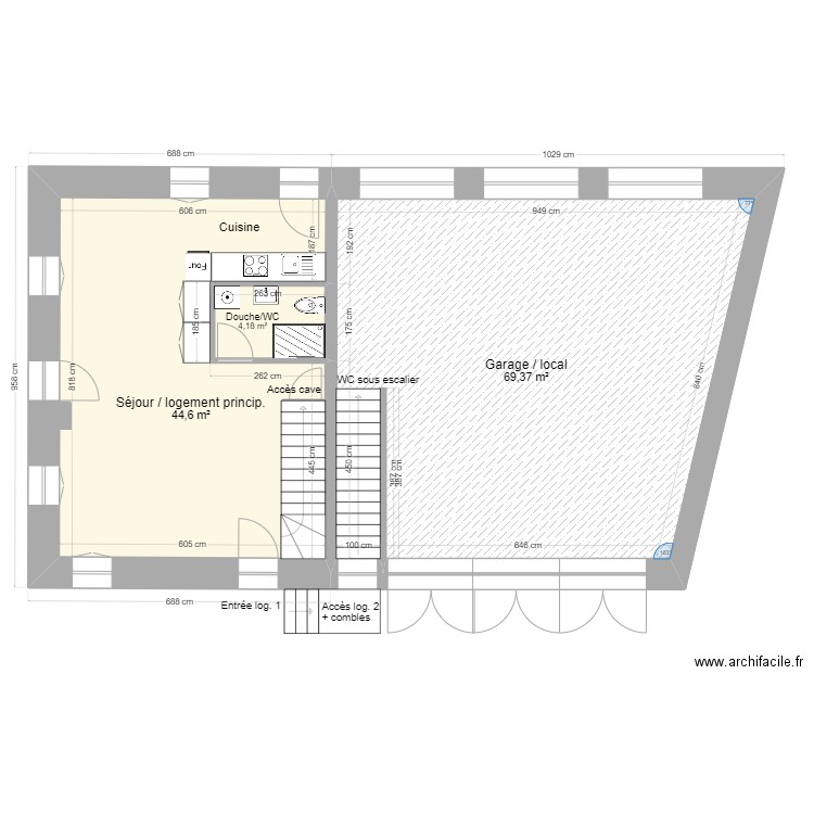 Rez (surfaces). Plan de 3 pièces et 118 m2