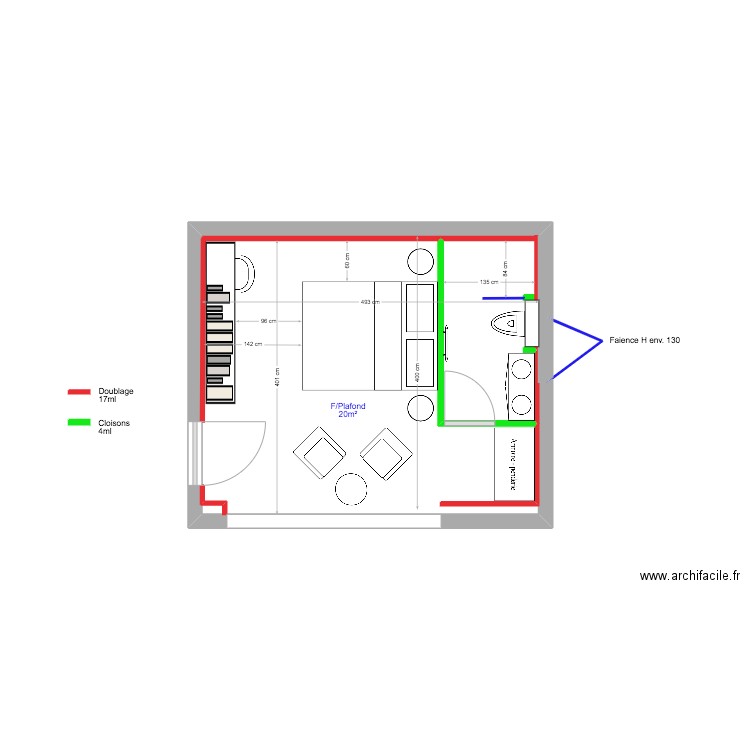 Roc Mer Studio - Plan de masse - Cloisons Doublages V26.12. Plan de 1 pièce et 20 m2