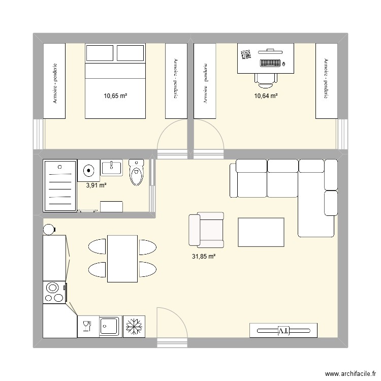 Maison 60m². Plan de 4 pièces et 57 m2