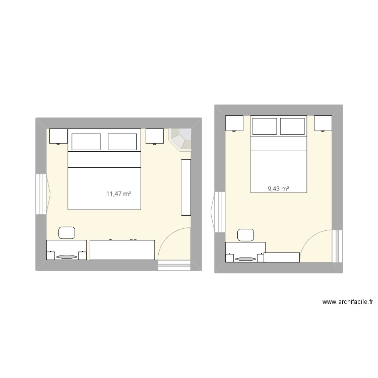 Chambre. Plan de 2 pièces et 21 m2