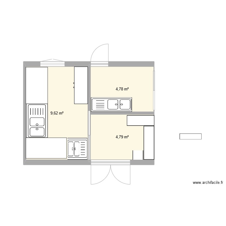 plonge cuisine. Plan de 3 pièces et 19 m2