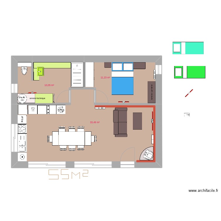 new 55m2. Plan de 3 pièces et 55 m2