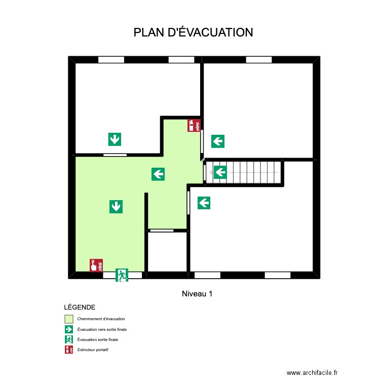 plan d'evacuation niveau 1. Plan de 6 pièces et 70 m2