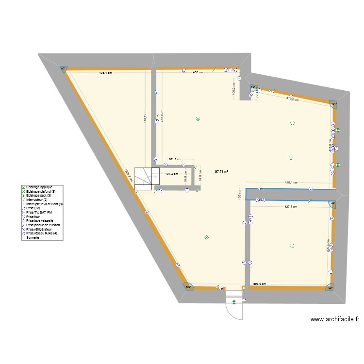 Séjour 2. Plan de 1 pièce et 98 m2