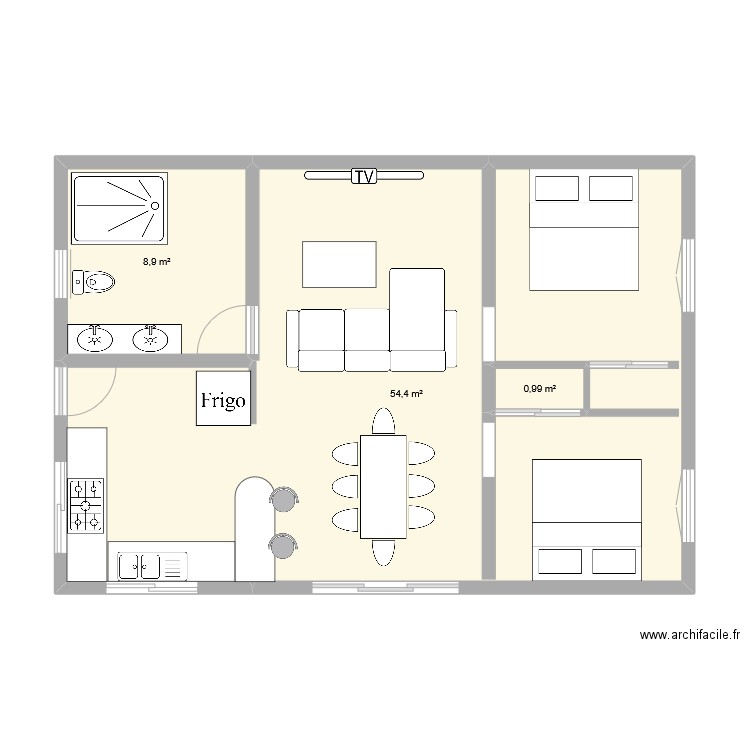 plan kondoki. Plan de 3 pièces et 64 m2