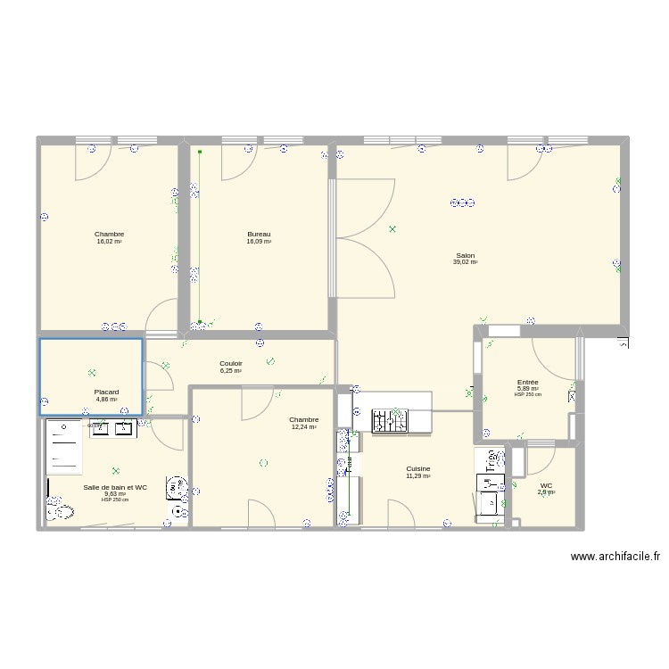 Après travaux - Partage. Plan de 15 pièces et 125 m2