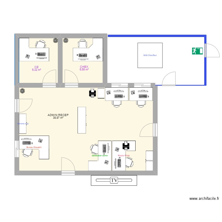 Bureau réception. Plan de 3 pièces et 53 m2