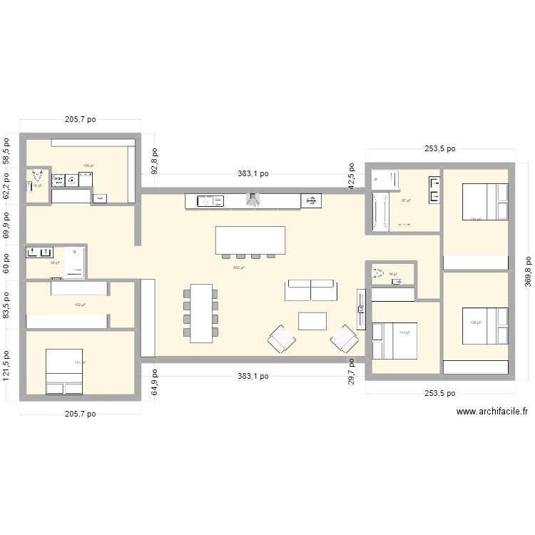 Maison ossature bois.1. Plan de 11 pièces et 170 m2