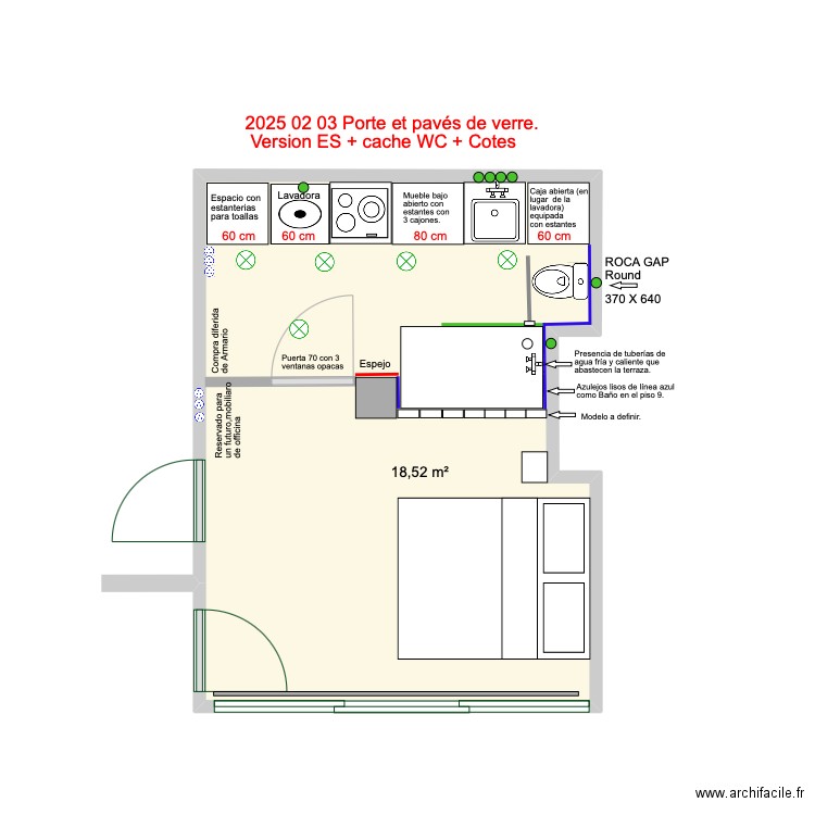 2024 02 29 avec porte et bloc de verre Version ES +Cache wc ou PAS  + Côtes. Plan de 1 pièce et 19 m2